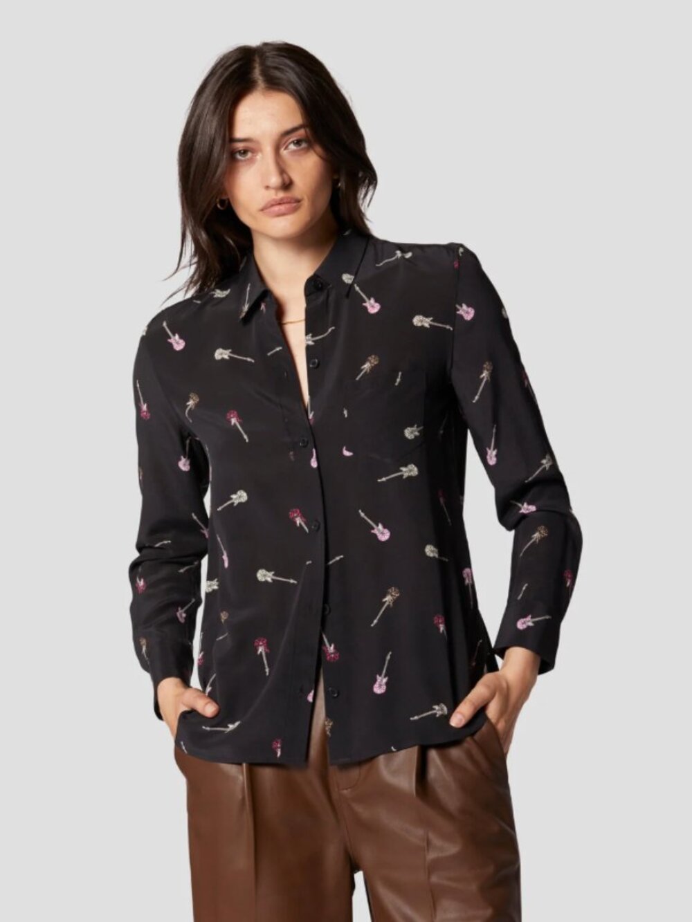 EQUIPMENT Leema Silk Guitar Print Blouse Button Down Festival Indie Rockstar M